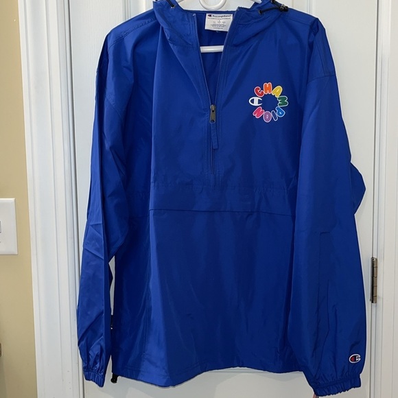 ๐ CHAMPION Packable Jacket Water Wind Resistant Hooded Pullover Blue Large - Picture 2 of 13